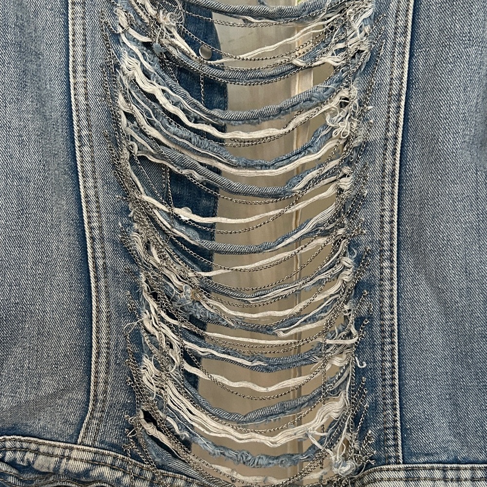 Women's Distressed Blue Denim Raw Edges Chains Jacket M - Picture 7 of 9
